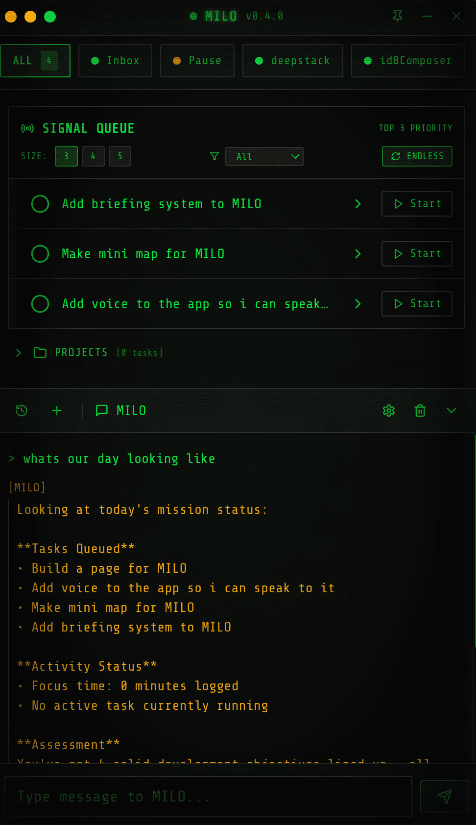 MILO - Signal-to-noise task manager with Claude Code integration