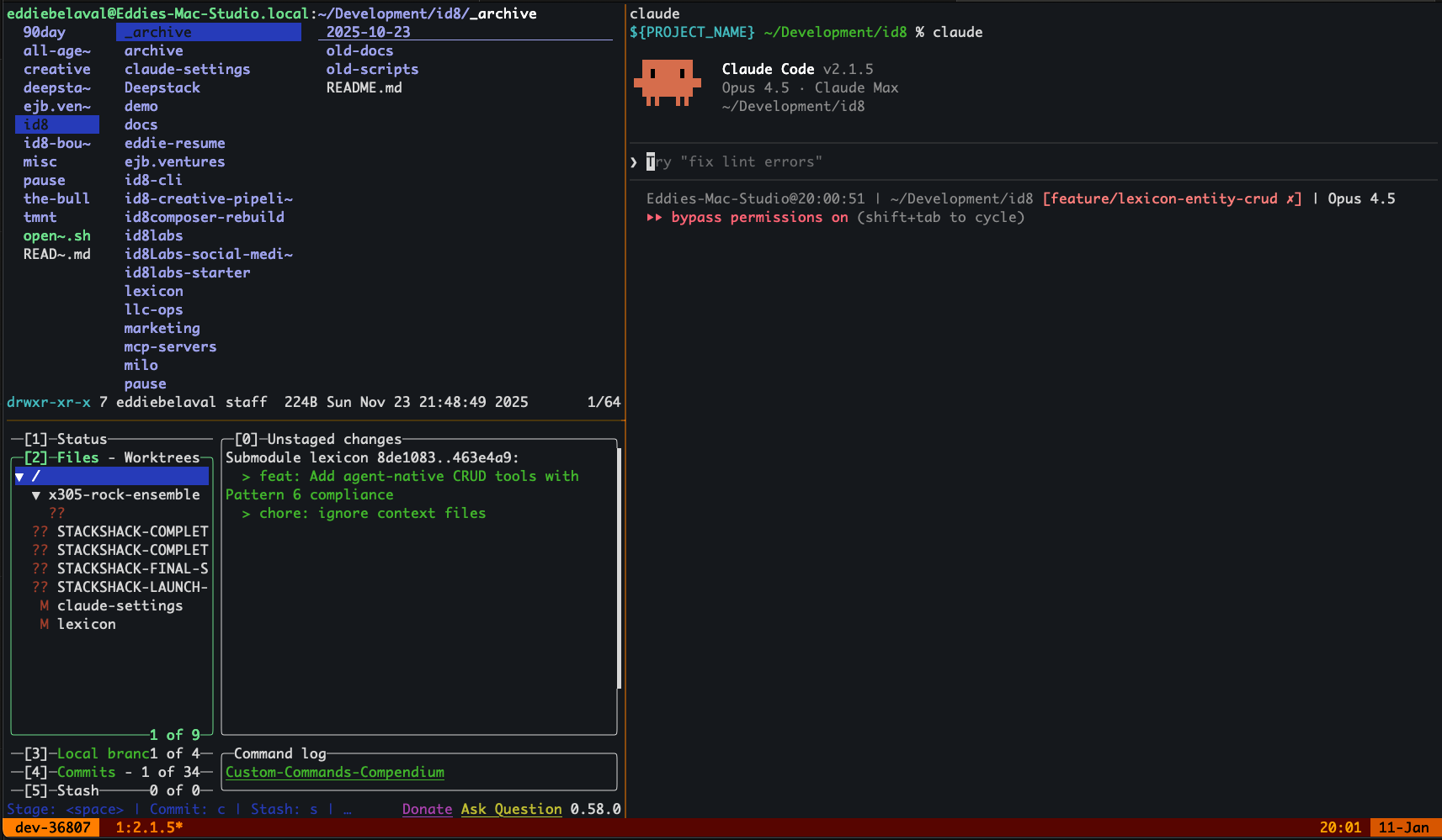 The tmux dev workflow in action - lf file manager (top-left), lazygit (bottom-left), and Claude Code (right)